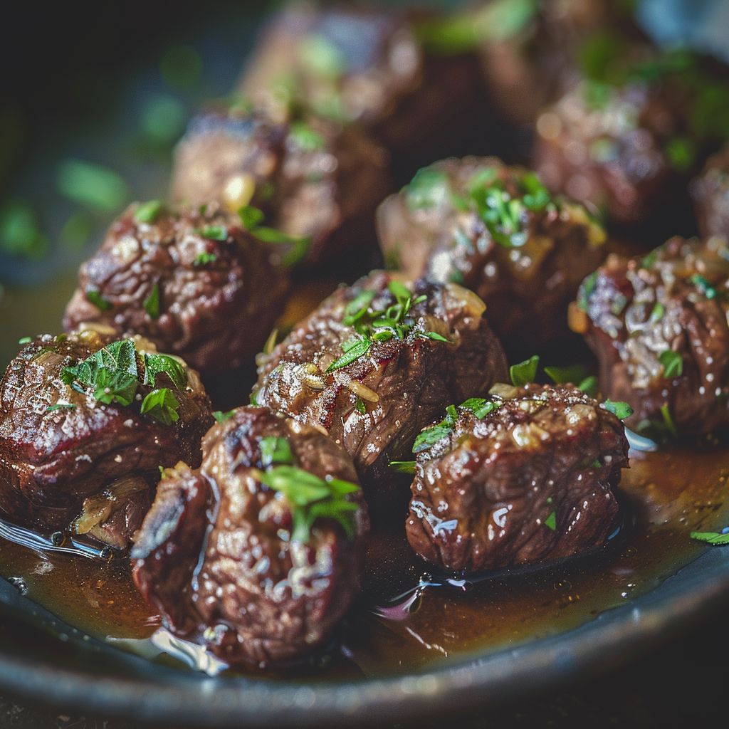 A close-up of tender beef bites cooked in garlic butter, served with diced potatoes.