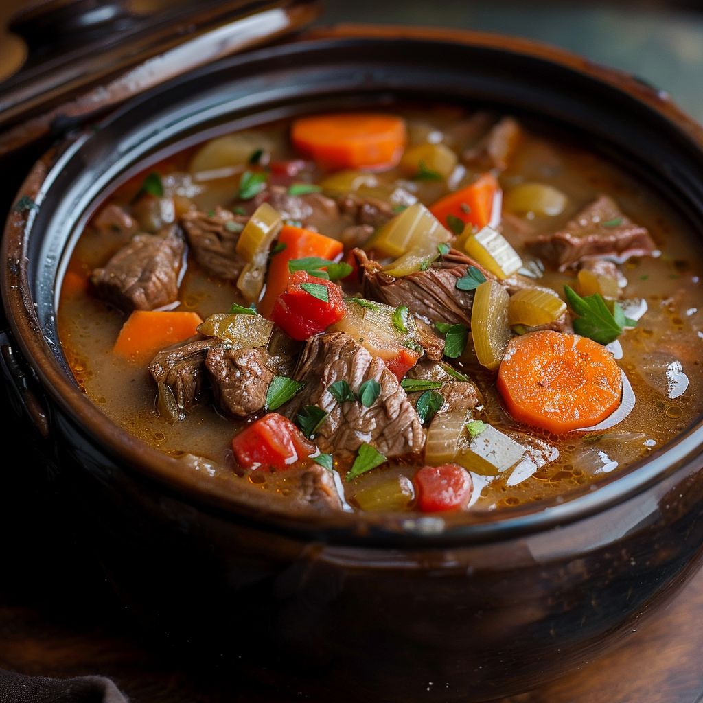 A warm bowl of hearty beef stew featuring tender chunks of meat and colorful vegetables.