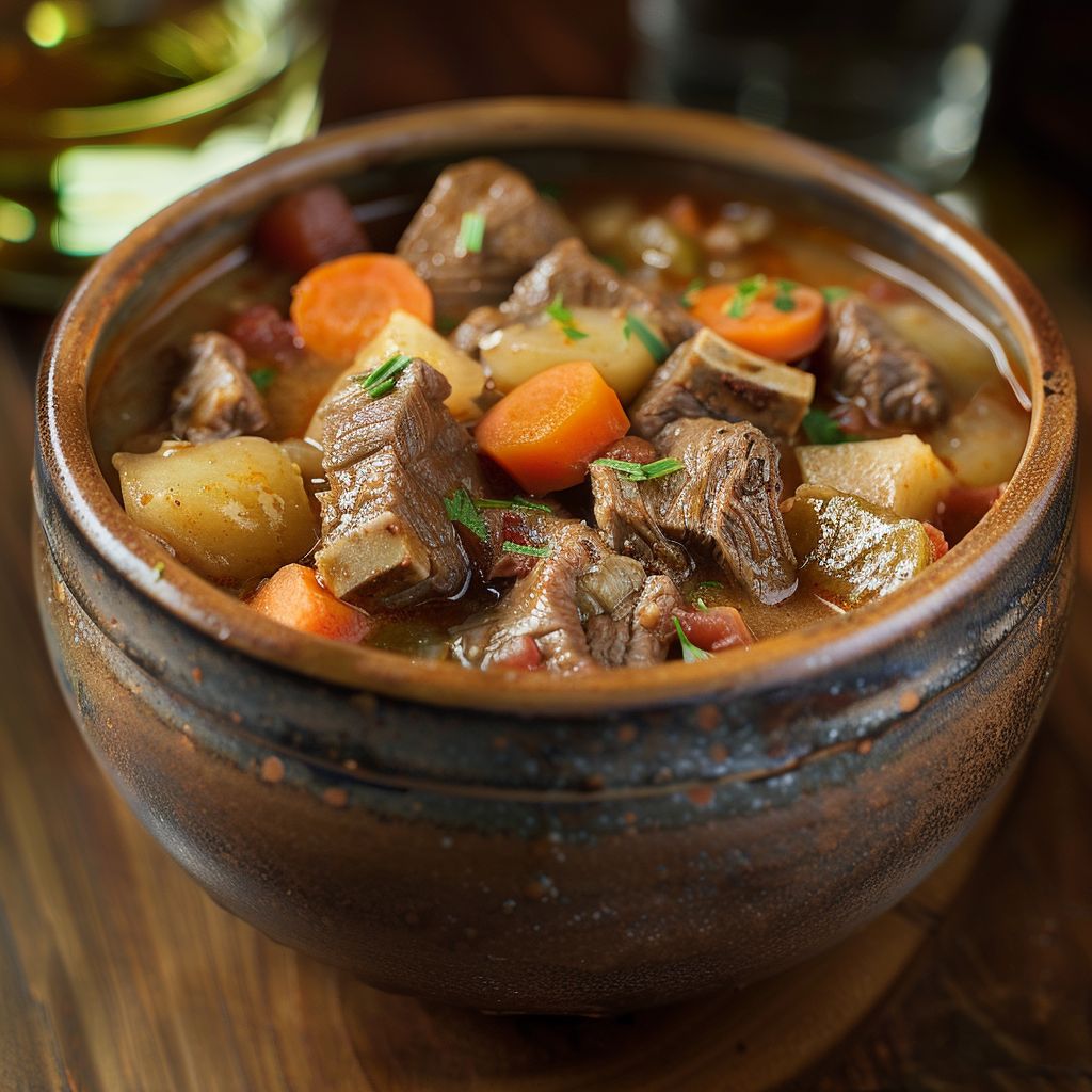 A close-up view of a savory beef stew filled with tender chunks of meat and vegetables.