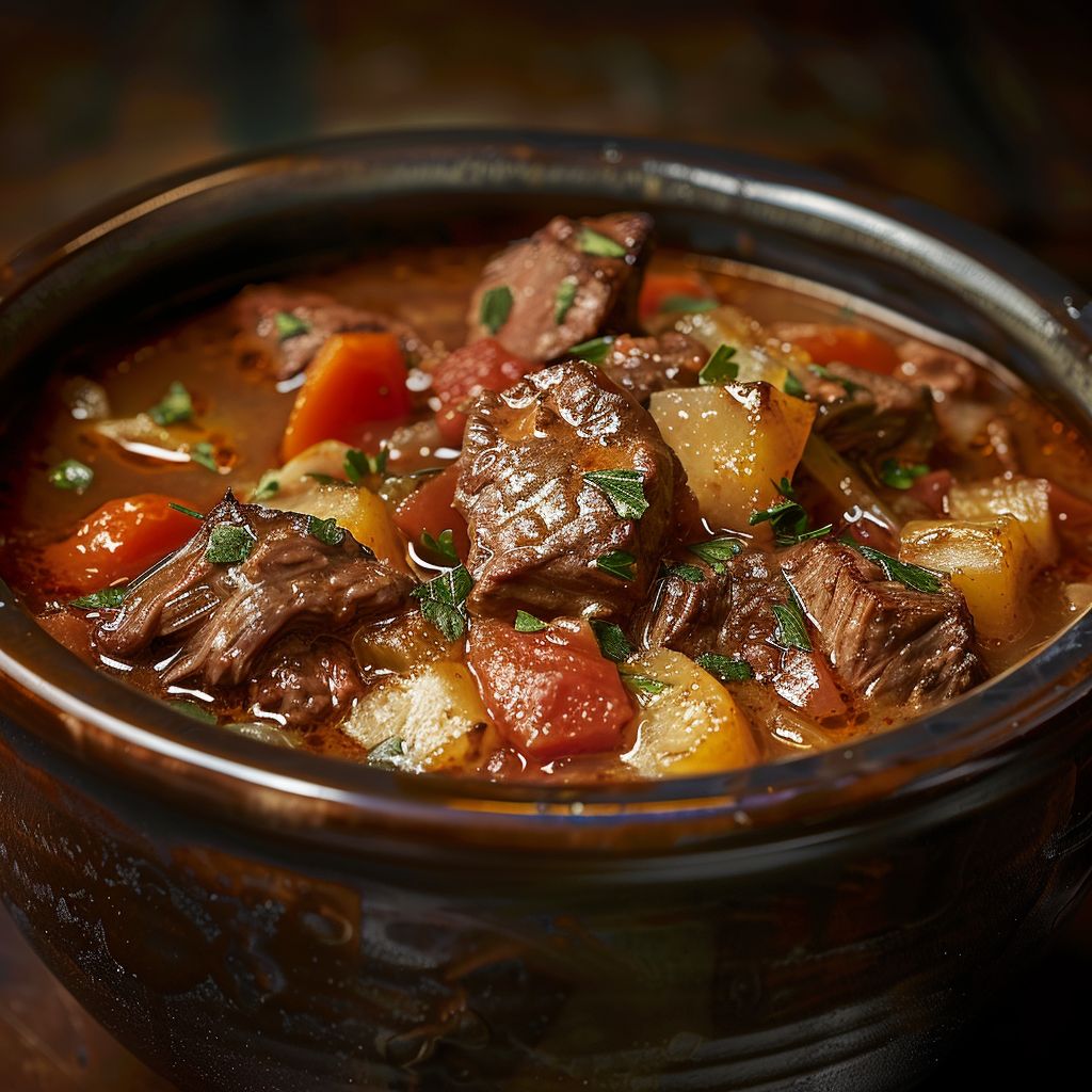 A steaming bowl of hearty beef stew with vegetables.