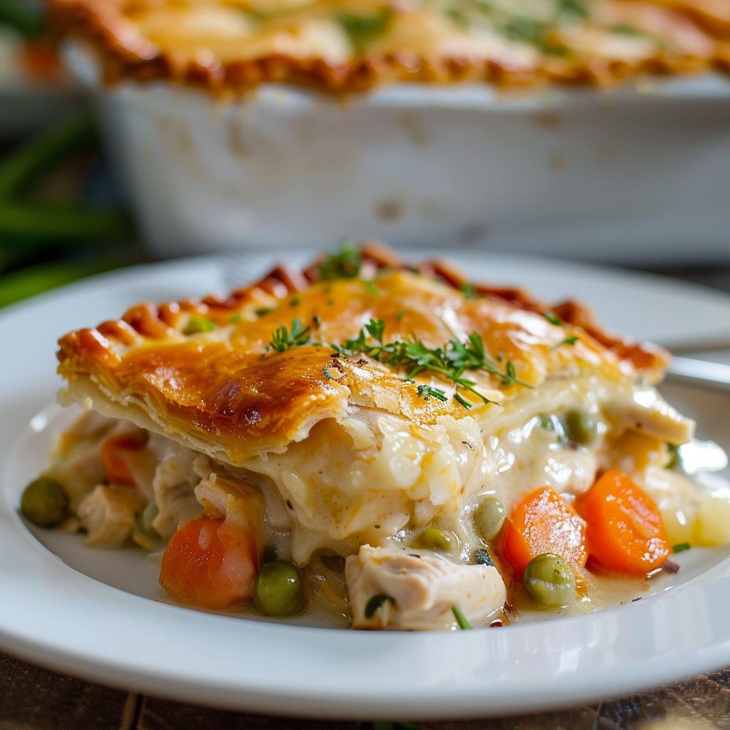 A close-up of a golden-brown chicken pot pie casserole with flaky crust and visible chunks of chicken and vegetables.