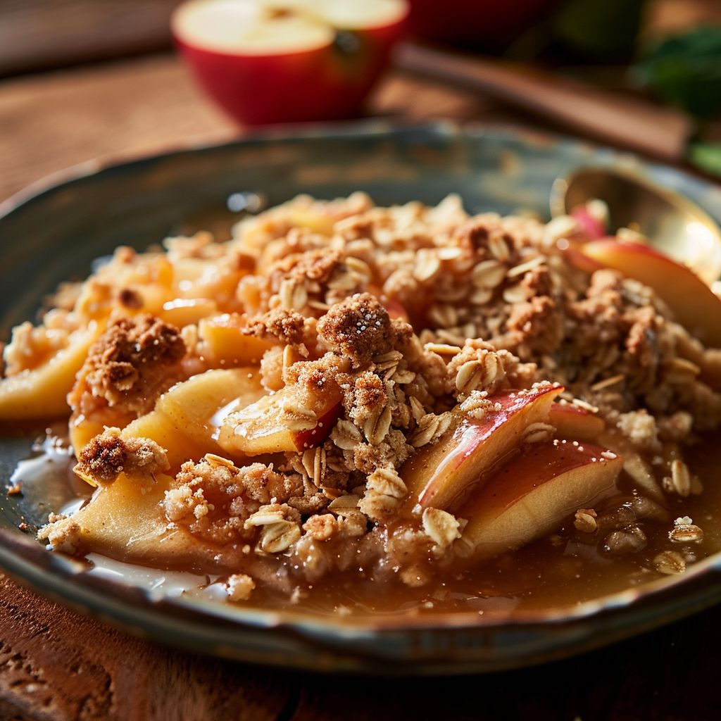 A freshly baked old-fashioned apple crisp in a rustic dish, topped with a golden brown crumble.
