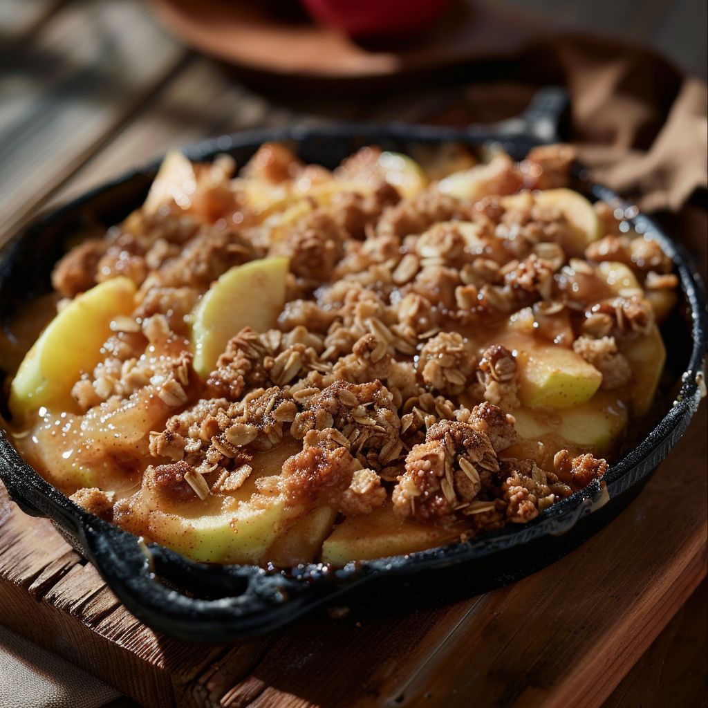 A freshly baked Old-Fashioned Apple Crisp served in a rustic dish, garnished with a scoop of vanilla ice cream.