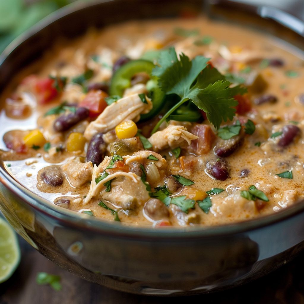 A bowl of creamy white Chicken Chili topped with herbs and served with a spoon.