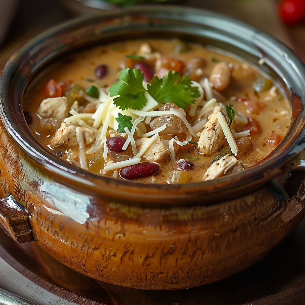 A bowl of creamy chicken chili garnished with chopped herbs, showcasing a rich texture and bright colors.