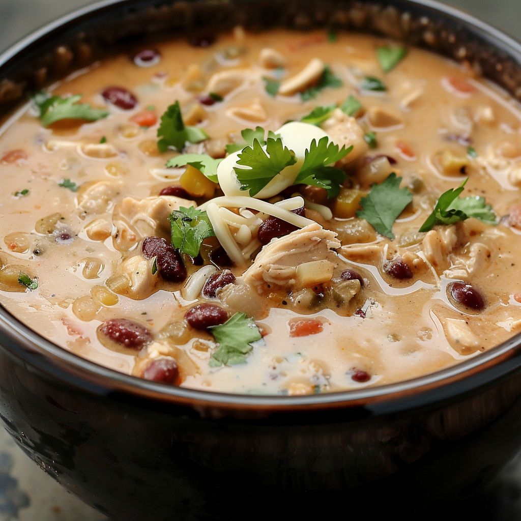 A bowl of creamy chicken chili topped with herbs and diced jalapeños, set on a rustic wooden table.