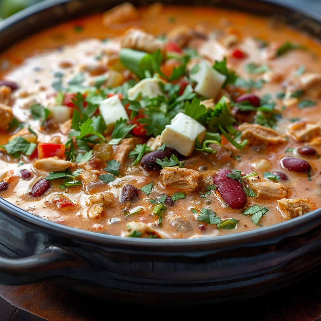 A bowl of creamy chicken chili garnished with green onions and cilantro.