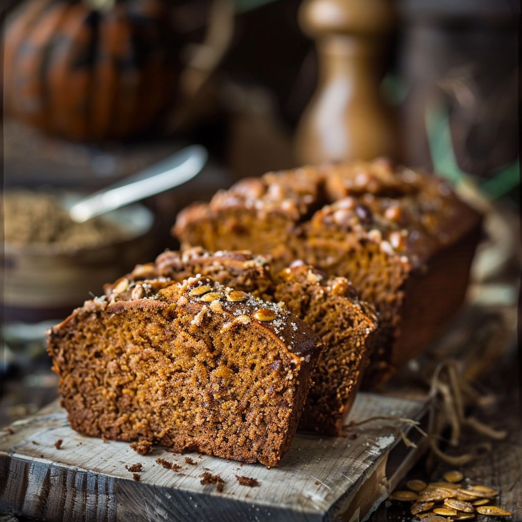 A loaf of rich brown butter pumpkin bread topped with salted maple glaze, displayed on a wooden cutting board.