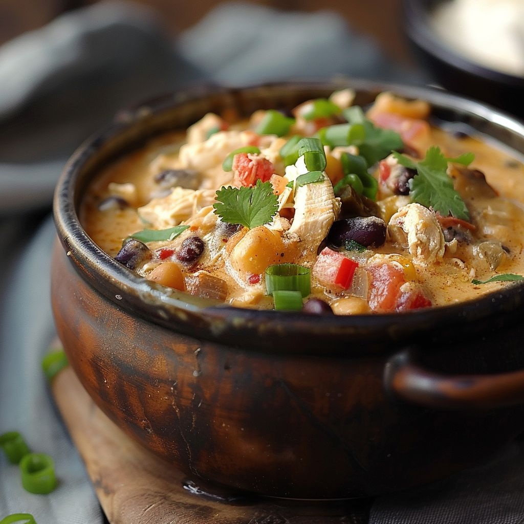 A bowl of creamy chicken chili garnished with cilantro and slices of jalapeño.