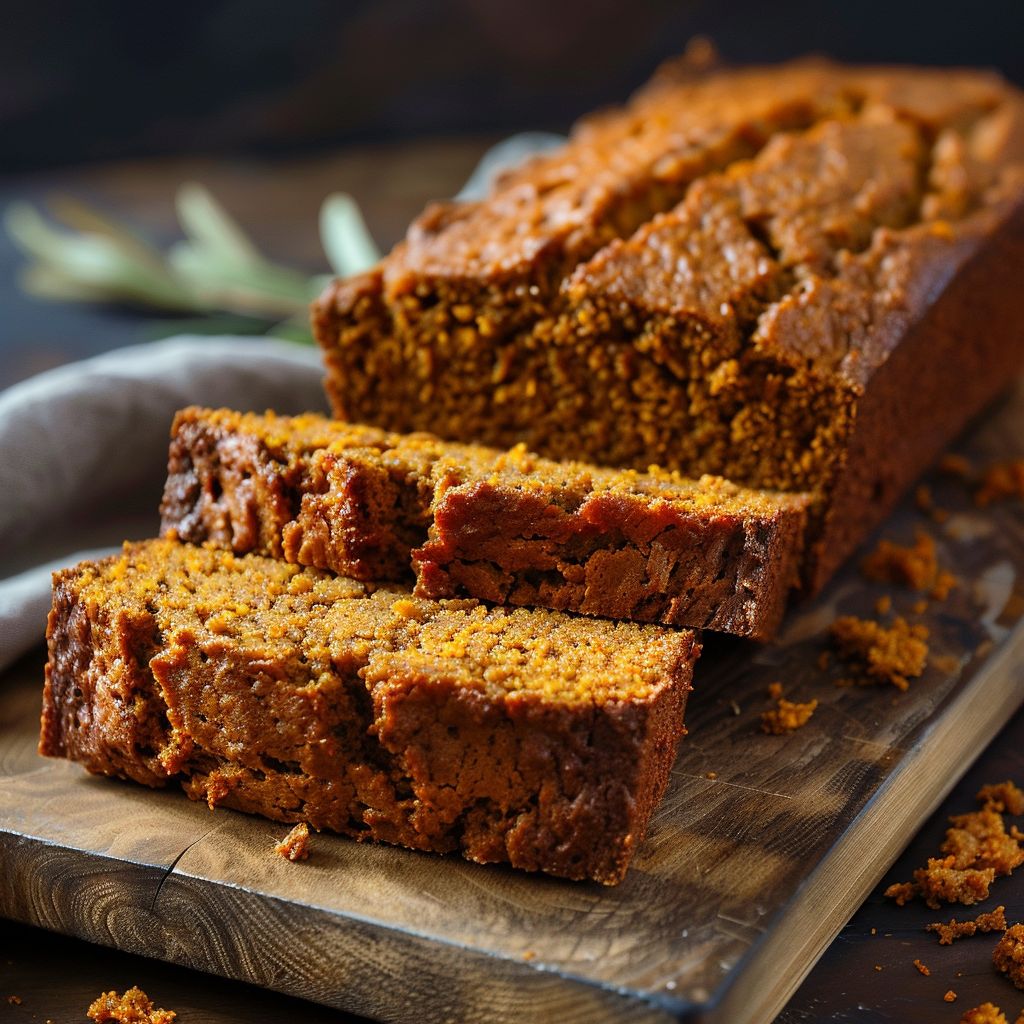 A close-up of a freshly baked pumpkin bread sliced on a wooden cutting board.