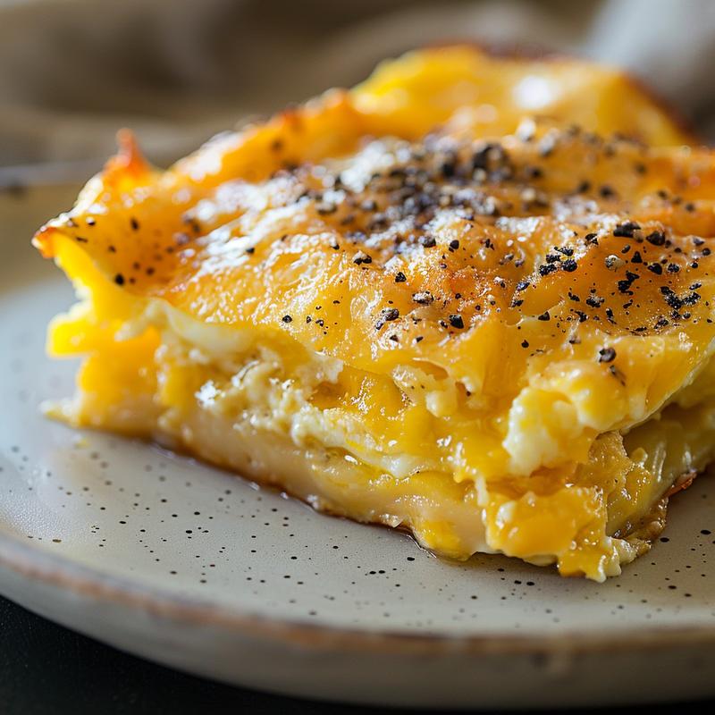 Close-up of a portion of egg casserole served on a light grey ceramic plate.