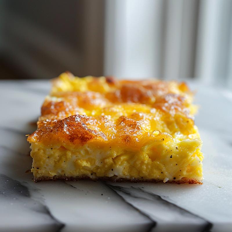A close-up view of a golden-brown egg casserole slice on a white marble surface.