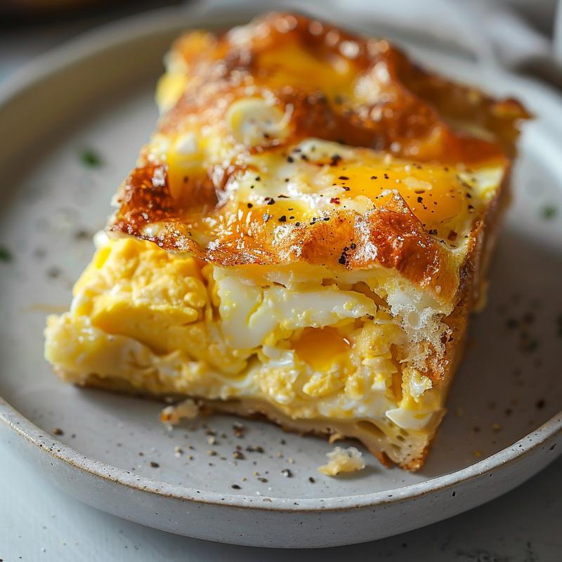 A close-up view of a delicious egg casserole on a light grey plate, showcasing its texture.