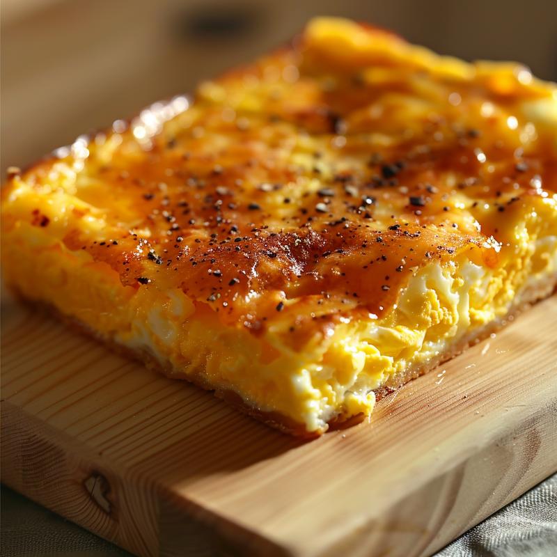 Close-up of a golden brown egg casserole on a light wood board.