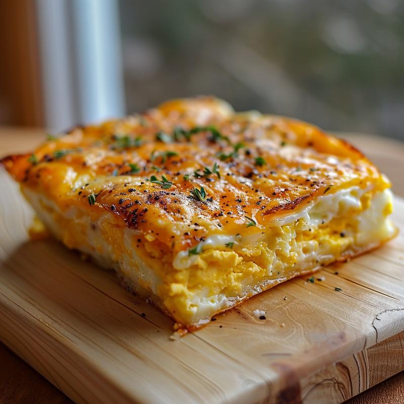 Close-up of a delicious slice of egg casserole on a wooden board.