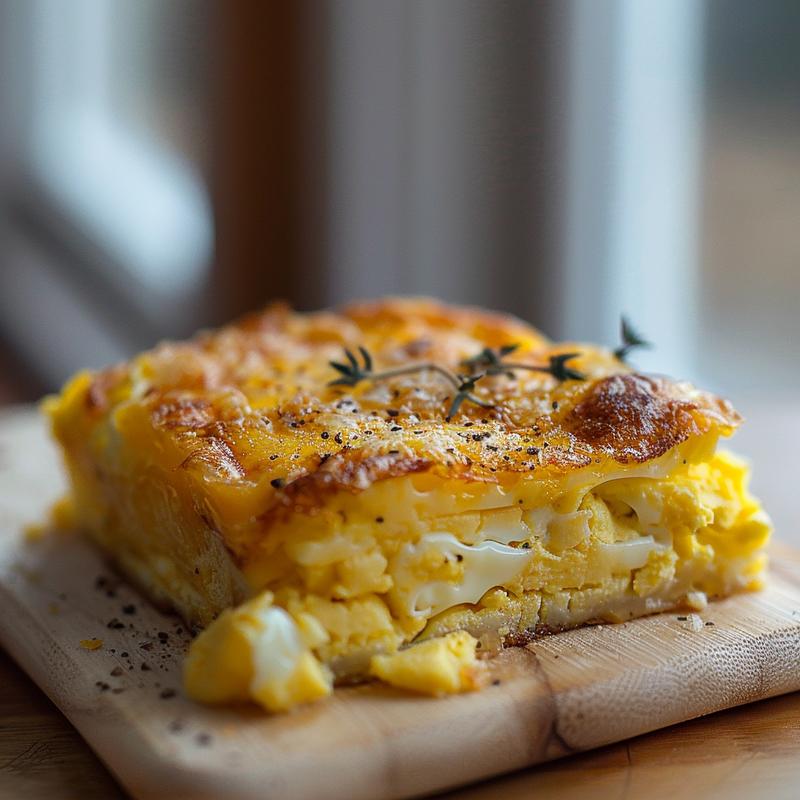 Close-up of a slice of egg casserole on a light wood board, showcasing rich textures and ingredients.