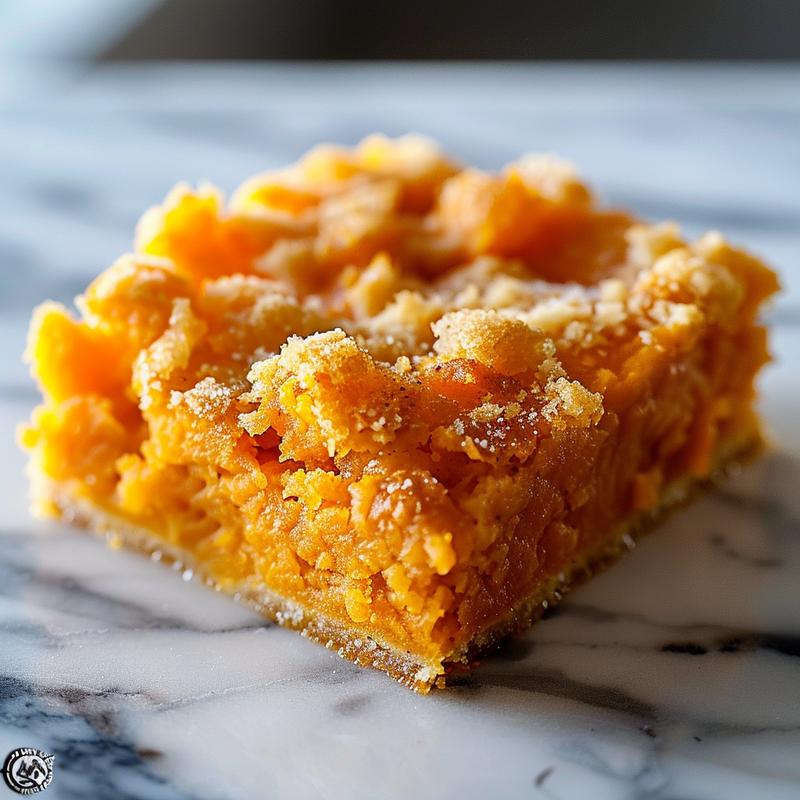 Close-up view of a portion of southern sweet potato casserole on a white marble surface.