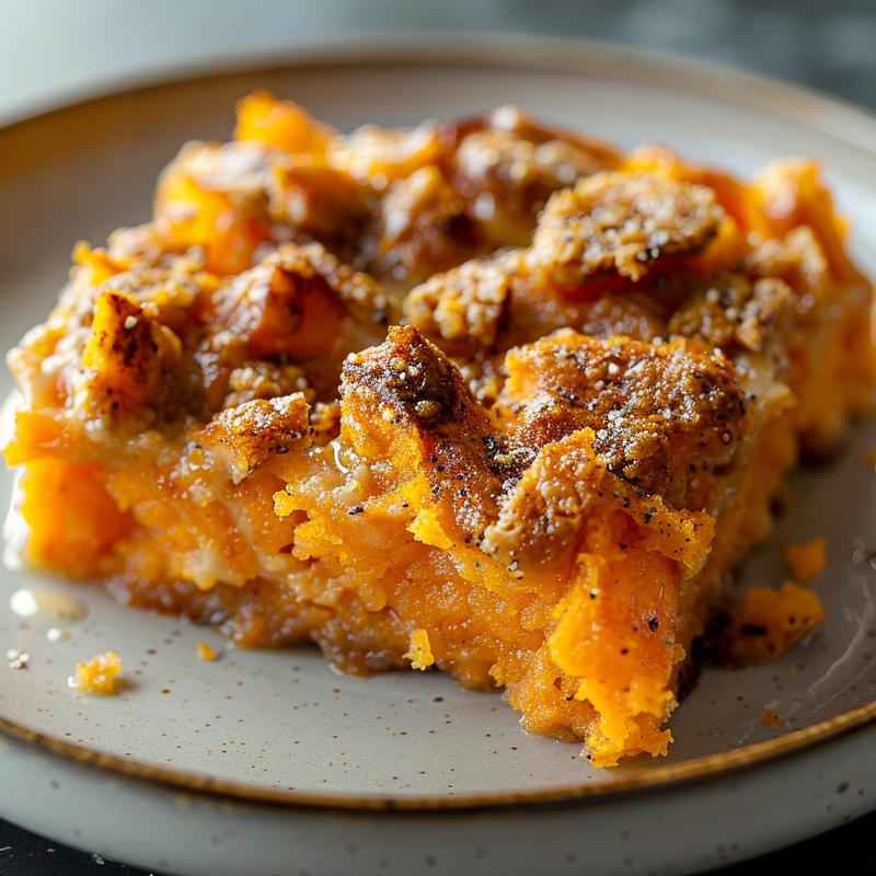Close-up of a portion of southern sweet potato casserole on a light grey plate.
