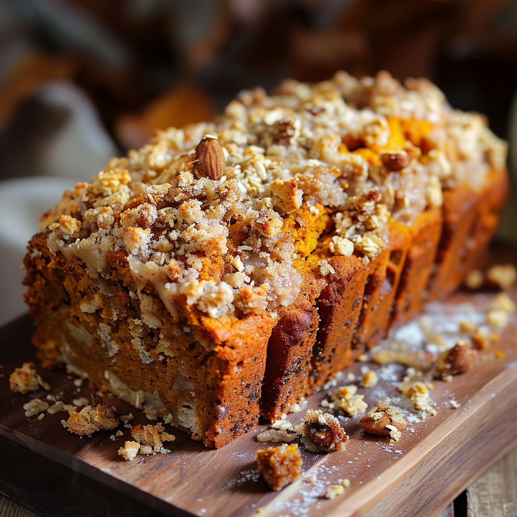 A loaf of pumpkin bread topped with a crumbly streusel on a wooden surface.
