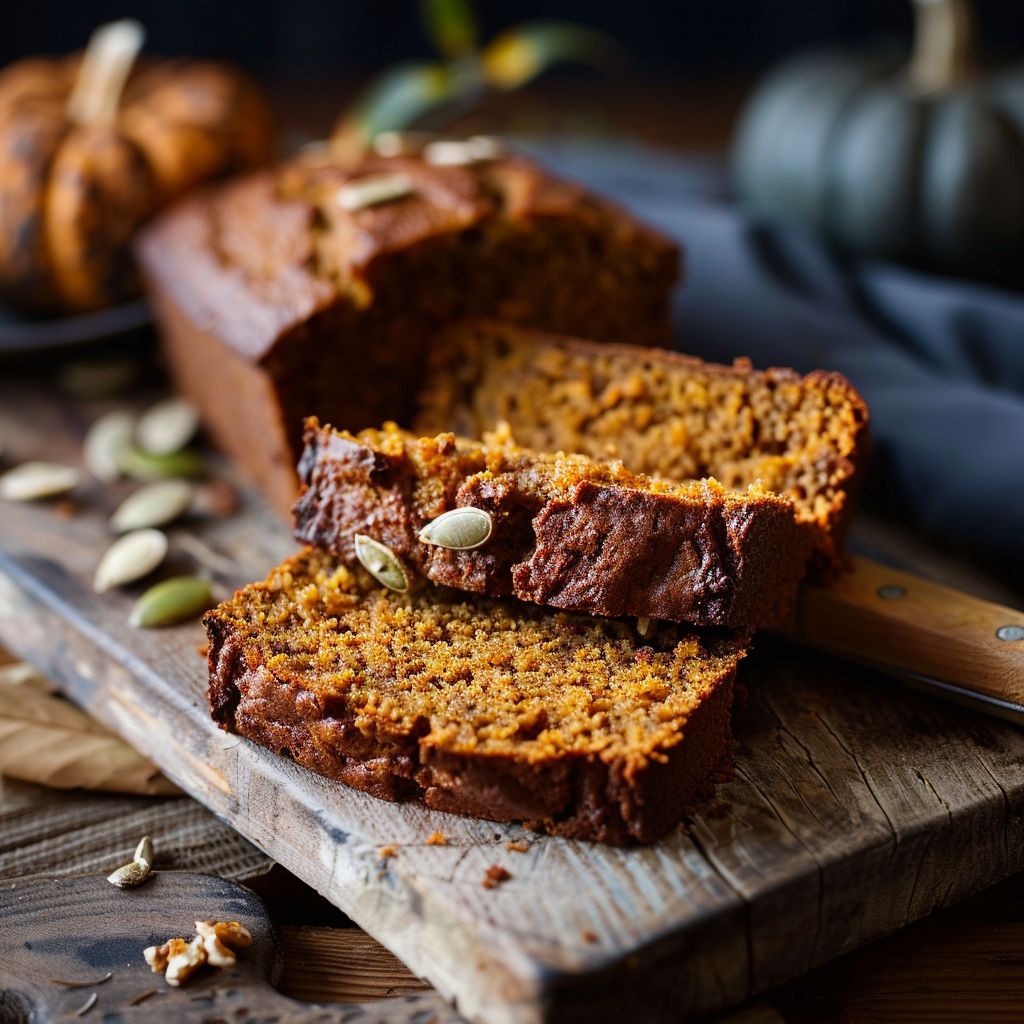 A freshly baked loaf of pumpkin bread with a crumbly streusel topping on a wooden cutting board.