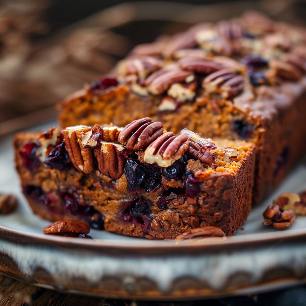 A slice of warm cranberry pecan pumpkin bread on a wooden board, surrounded by scattered pecans and cranberries.