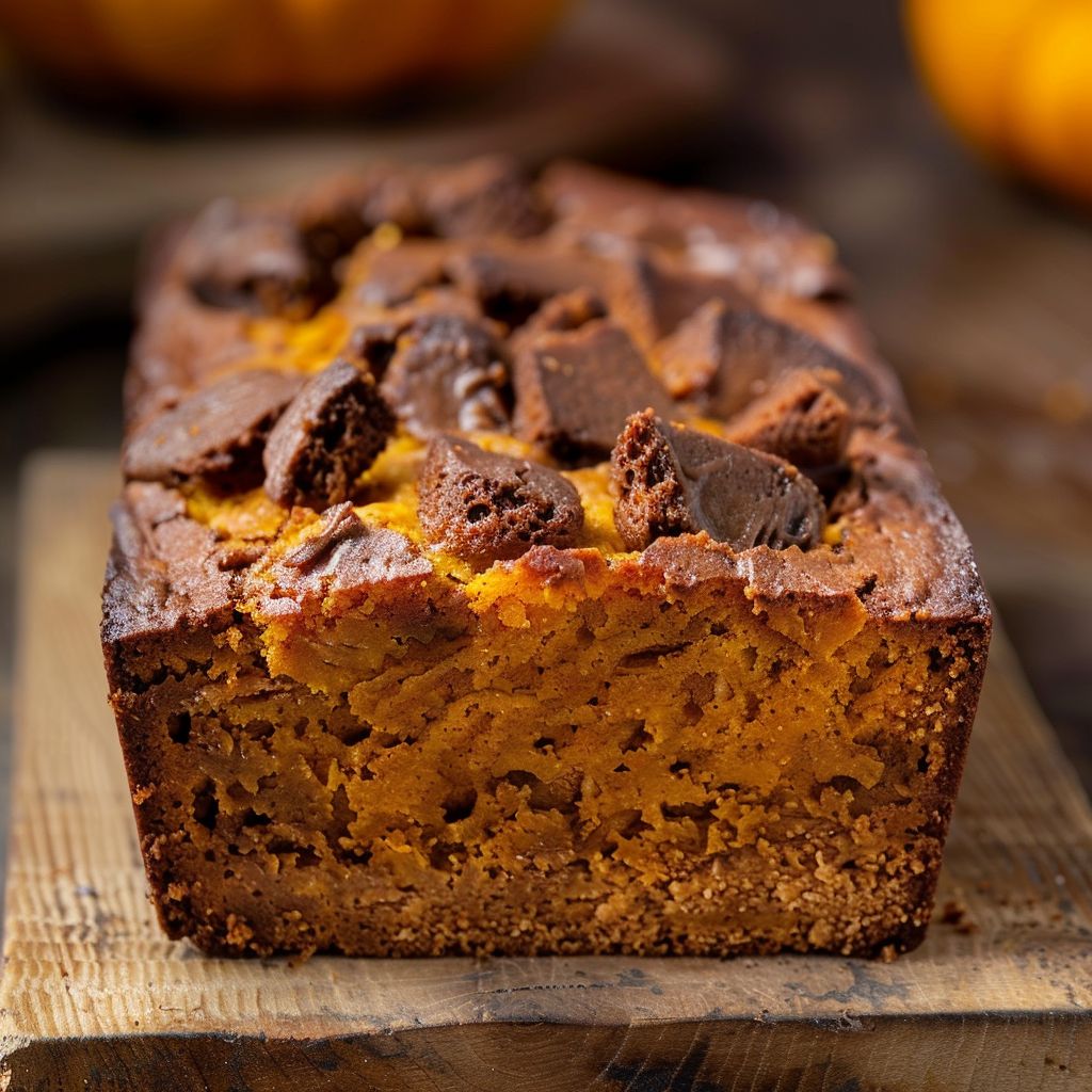 A close-up view of a freshly baked pumpkin bread loaf, showcasing its golden crust and moist interior.