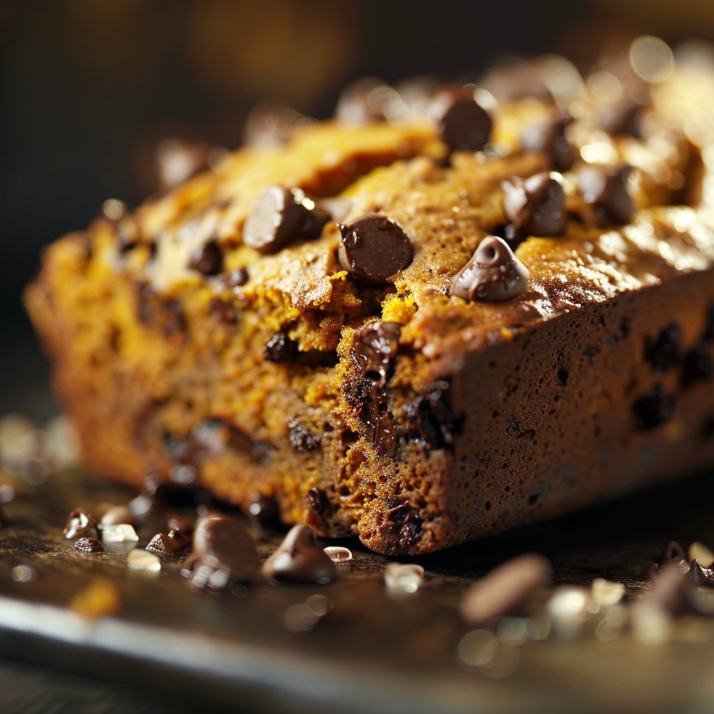 Freshly baked Pumpkin Chocolate Chip Bread on a wooden table, showcasing chocolate chips and a soft texture.