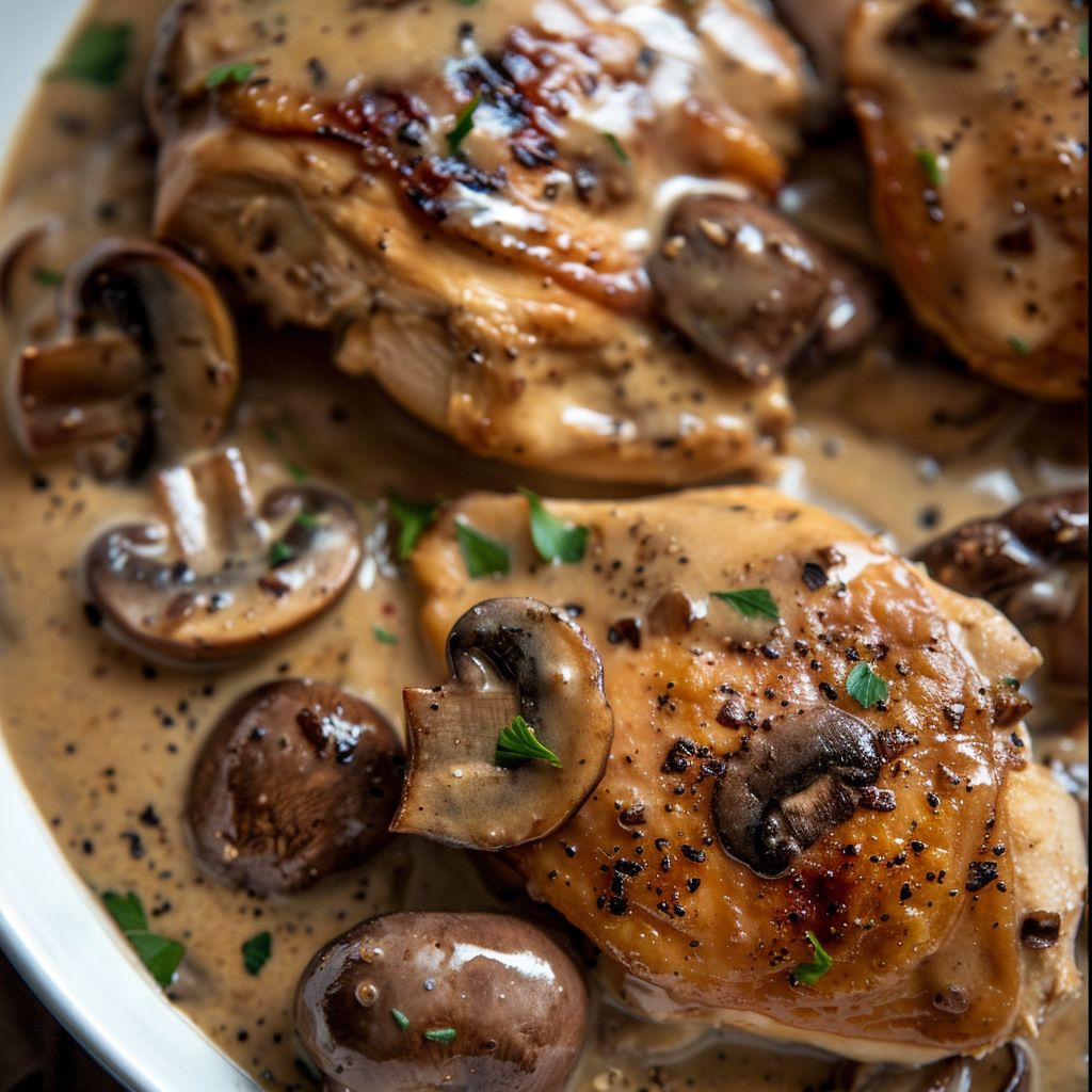 A creamy mushroom chicken dish served with fluffy mashed potatoes on a rustic wooden table.
