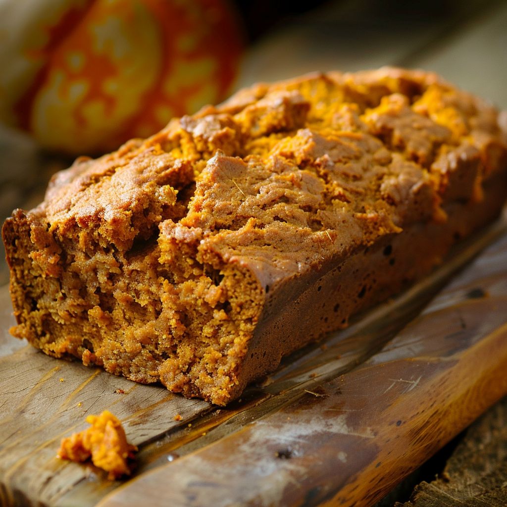 A freshly baked loaf of pumpkin bread on a textured surface with warm lighting.