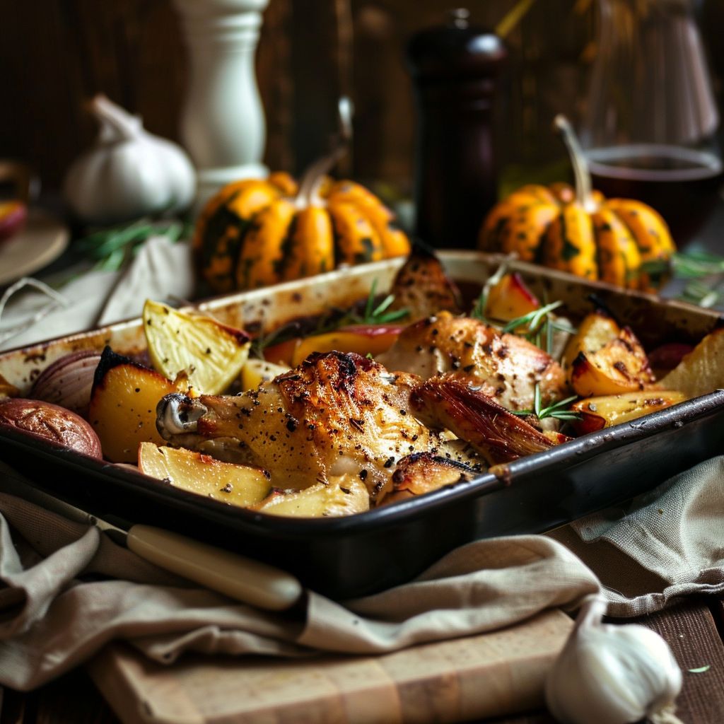 A beautifully arranged plate featuring roasted chicken with autumn vegetables, herbs, and a warm ambiance.