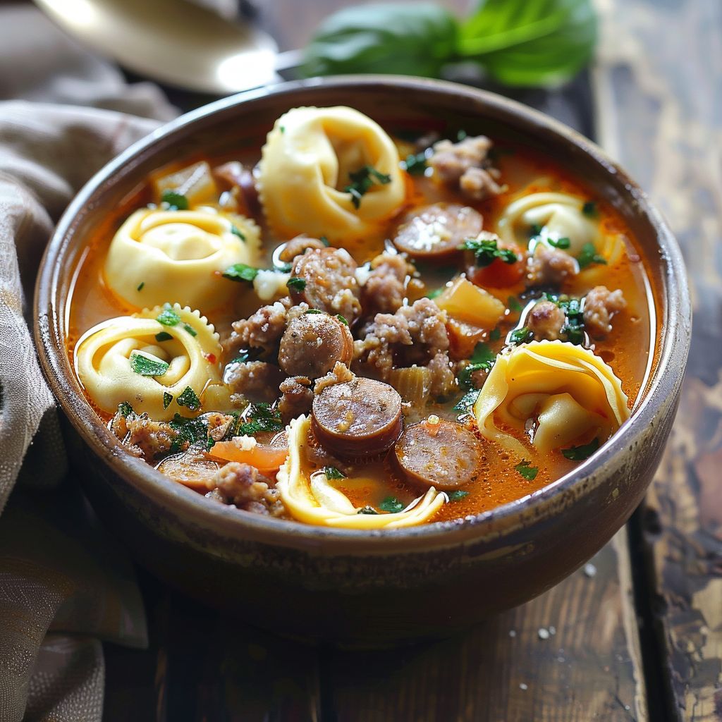 A steaming bowl of sausage tortellini soup garnished with fresh spinach on a rustic wooden table.