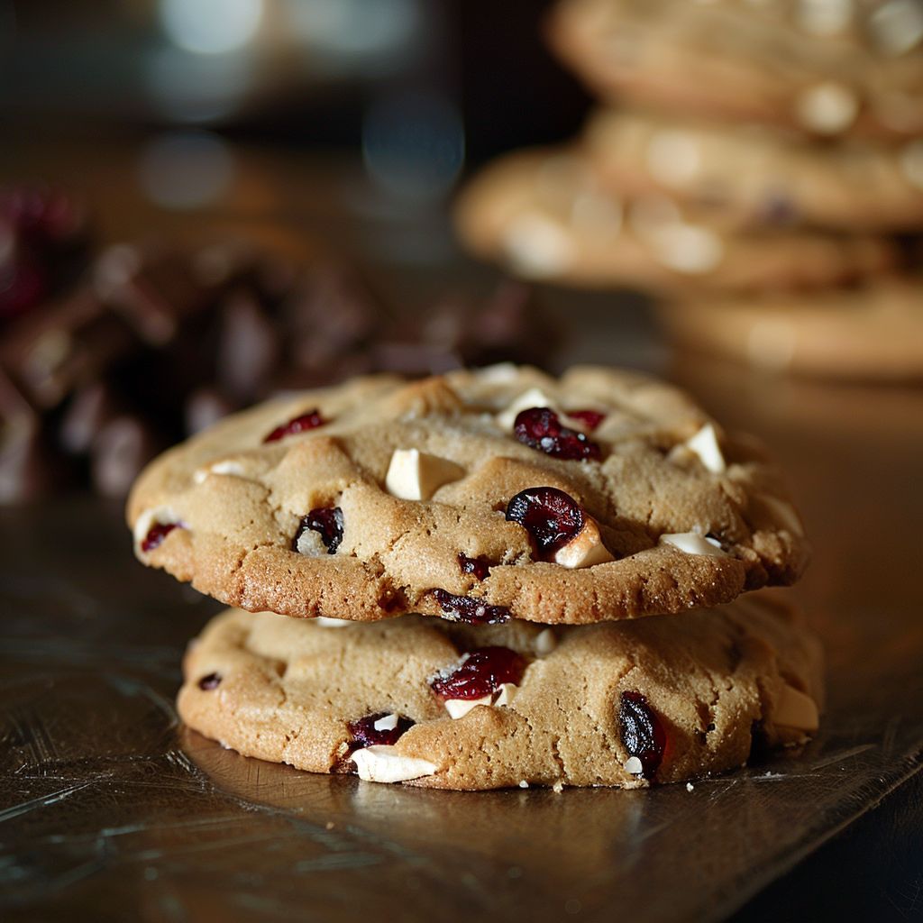 A stack of soft White Chocolate Cranberry Cookies with a few broken pieces revealing gooey chocolate inside.