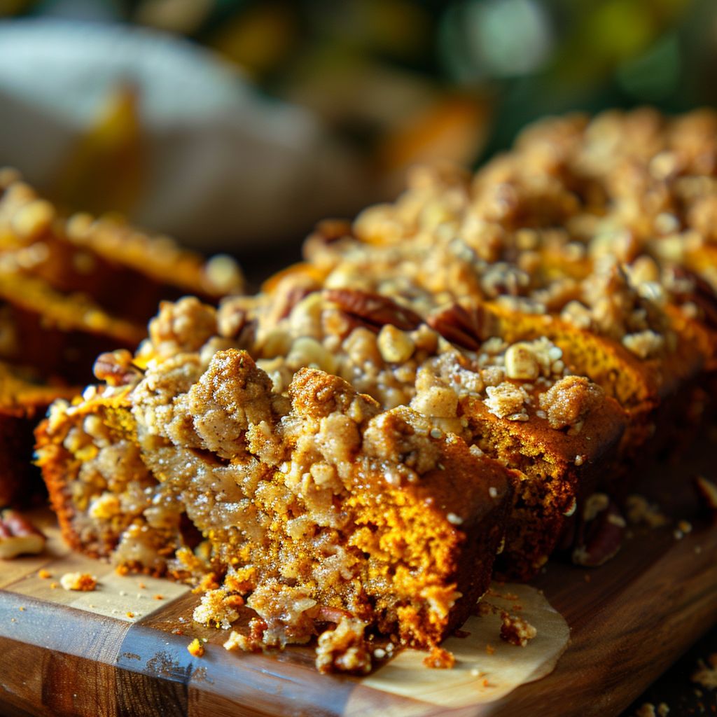 A close-up of moist pumpkin bread topped with a crumbly streusel, set against a blurred background.