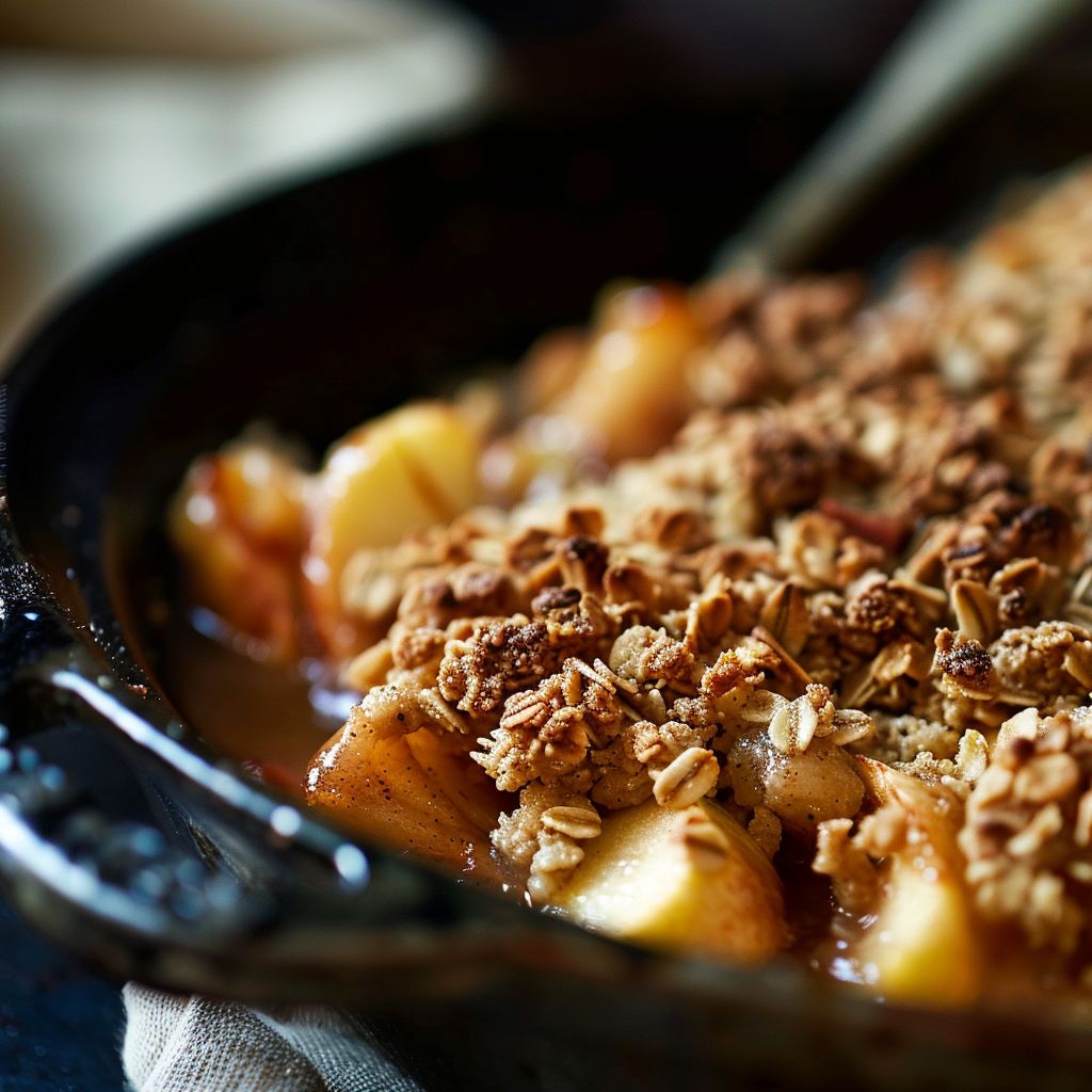A warm apple crisp dessert topped with a golden brown oat crumble in a rustic bowl.
