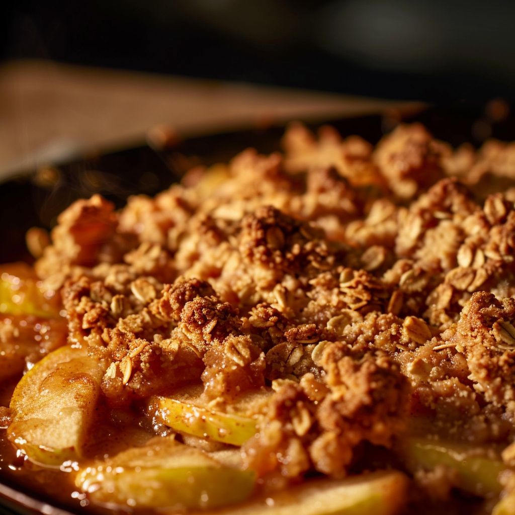 A close-up of a classic apple crisp dessert topped with a golden brown crust and a scoop of vanilla ice cream.