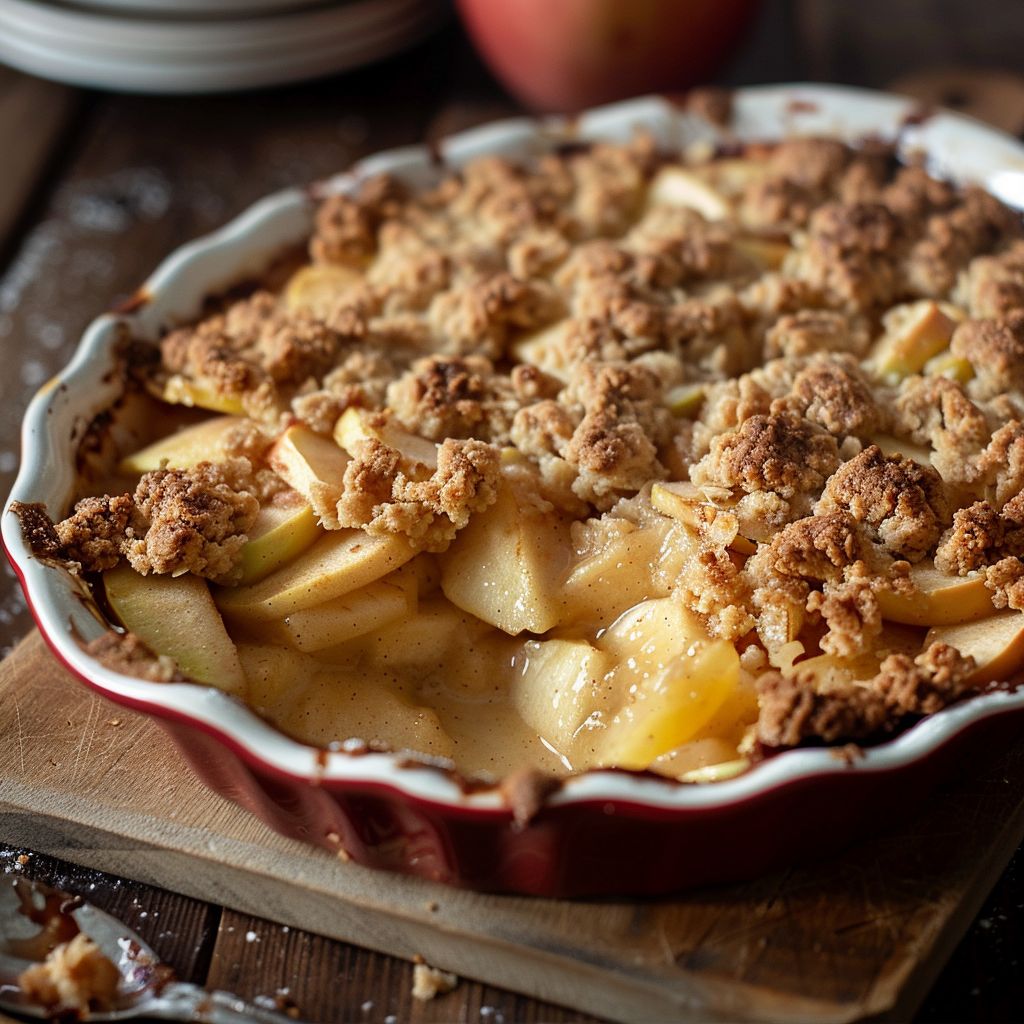 A freshly baked classic apple crumble in a rustic dish, topped with golden-brown crumble.