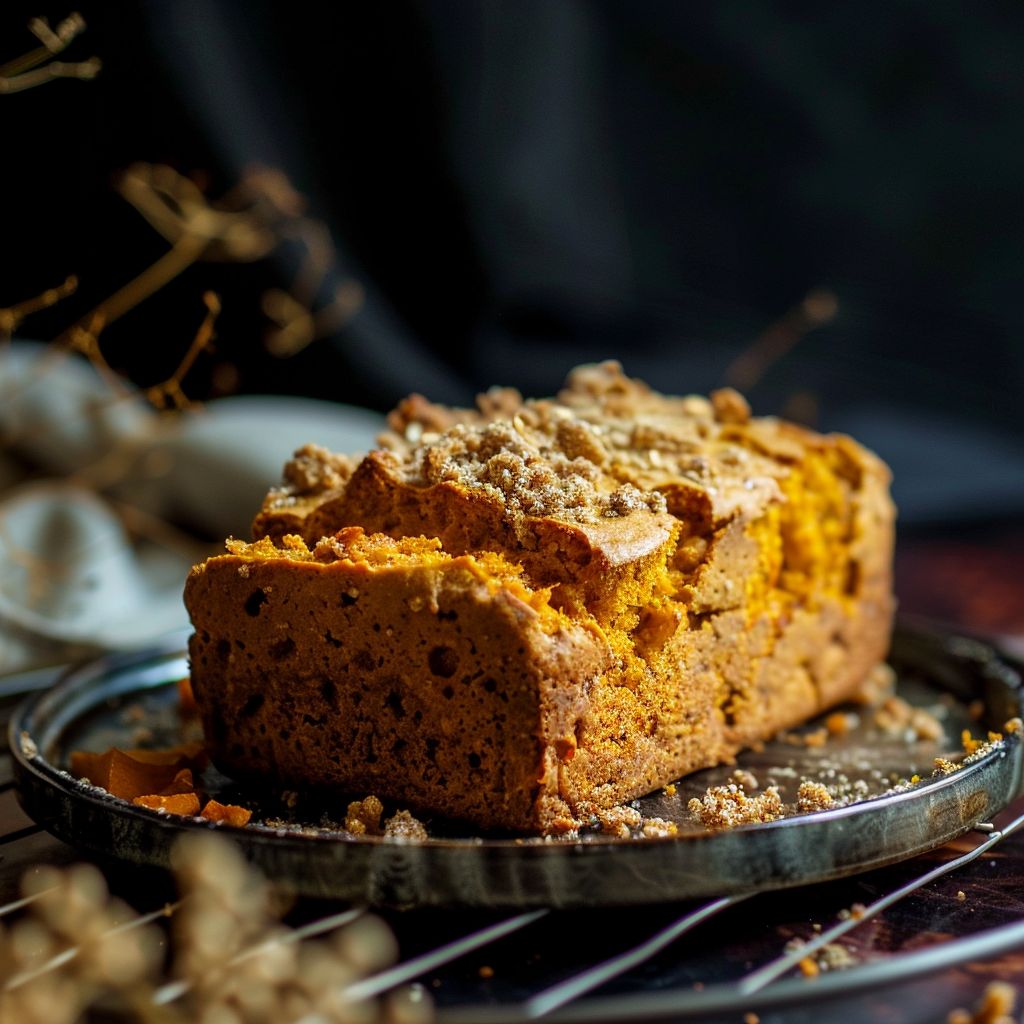 A freshly baked loaf of pumpkin bread on a wooden cutting board.