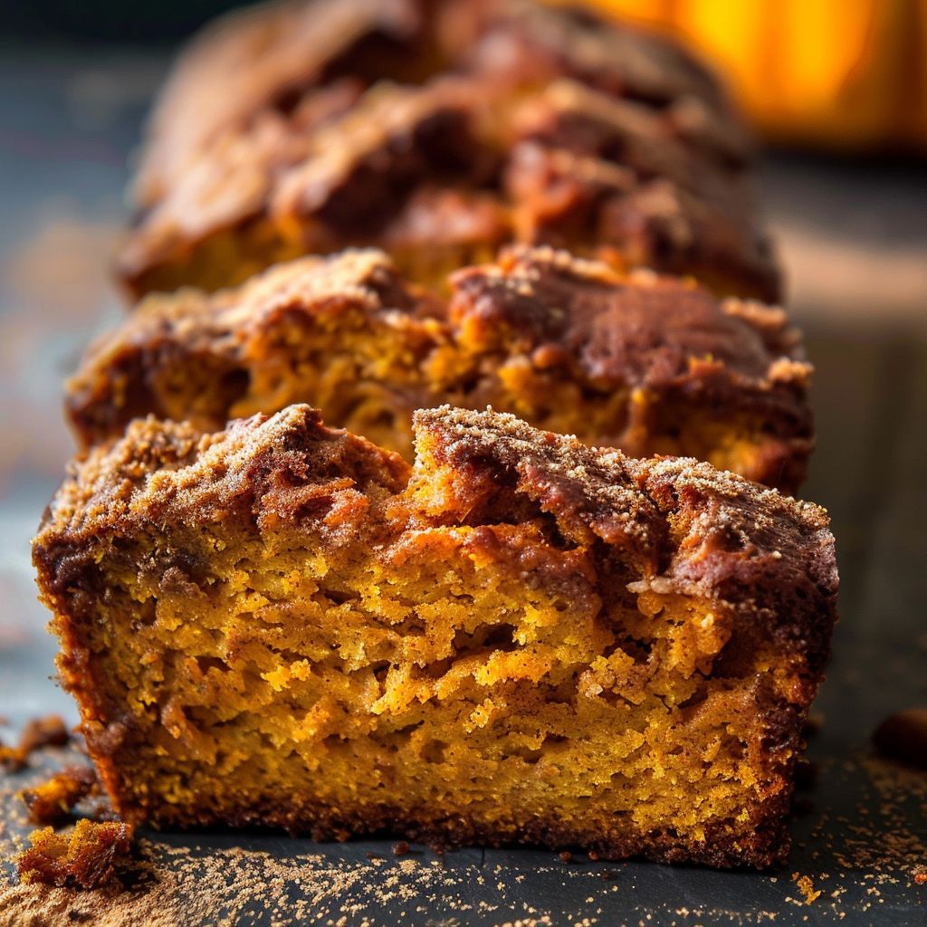 A loaf of cinnamon pumpkin bread with a golden crust, sliced to reveal its soft, moist interior.
