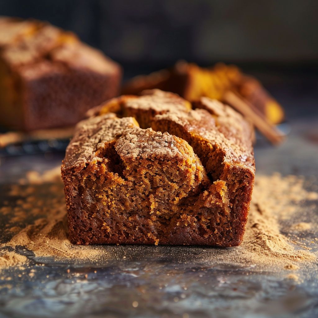A freshly baked loaf of cinnamon pumpkin bread on a wooden cutting board, surrounded by scattered cinnamon sticks and pumpkin seeds.
