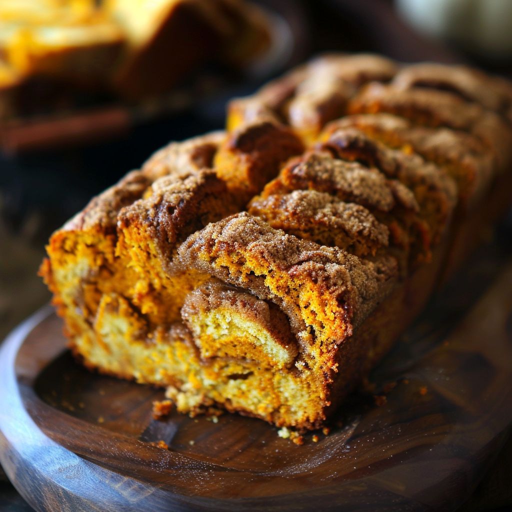 Loaf of cinnamon pumpkin bread on a rustic wooden table.