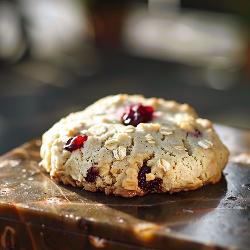 A close-up of freshly baked white chocolate oatmeal cranberry cookies on a rustic wooden surface.