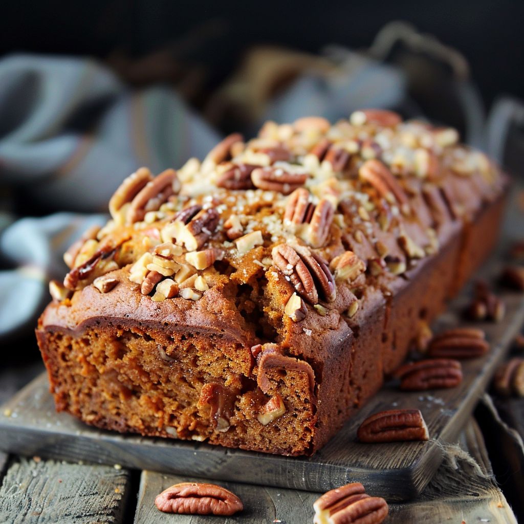 A slice of moist pumpkin bread topped with brown sugar and chopped pecans, displayed on a rustic wooden table.