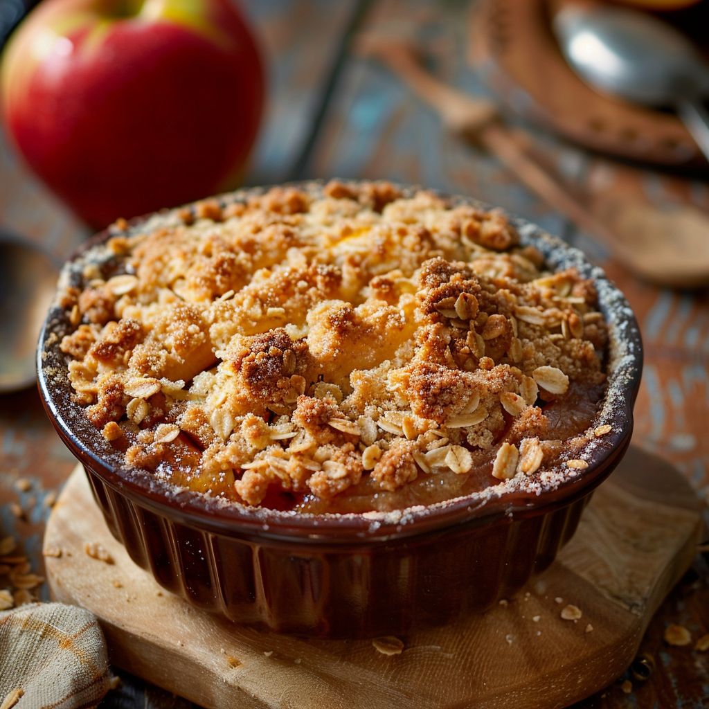 A warm serving of Classic Apple Crisp topped with golden buttery oats, served in a rustic bowl.