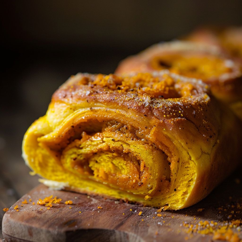 A close-up of freshly baked pumpkin bread rolls on a wooden surface.