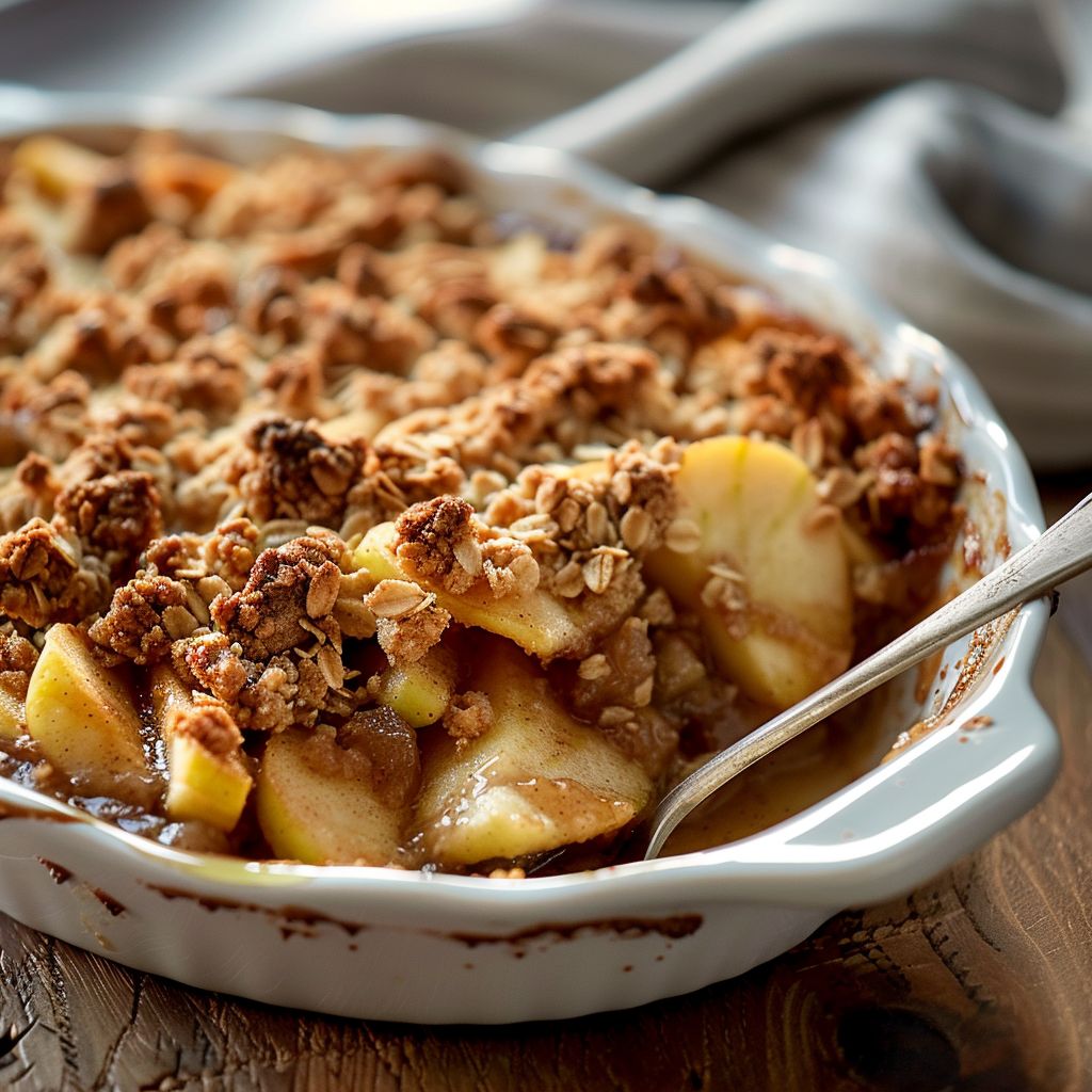 A freshly baked apple crisp topped with golden brown oats, served in a white dish, with a scoop of vanilla ice cream melting on the side.