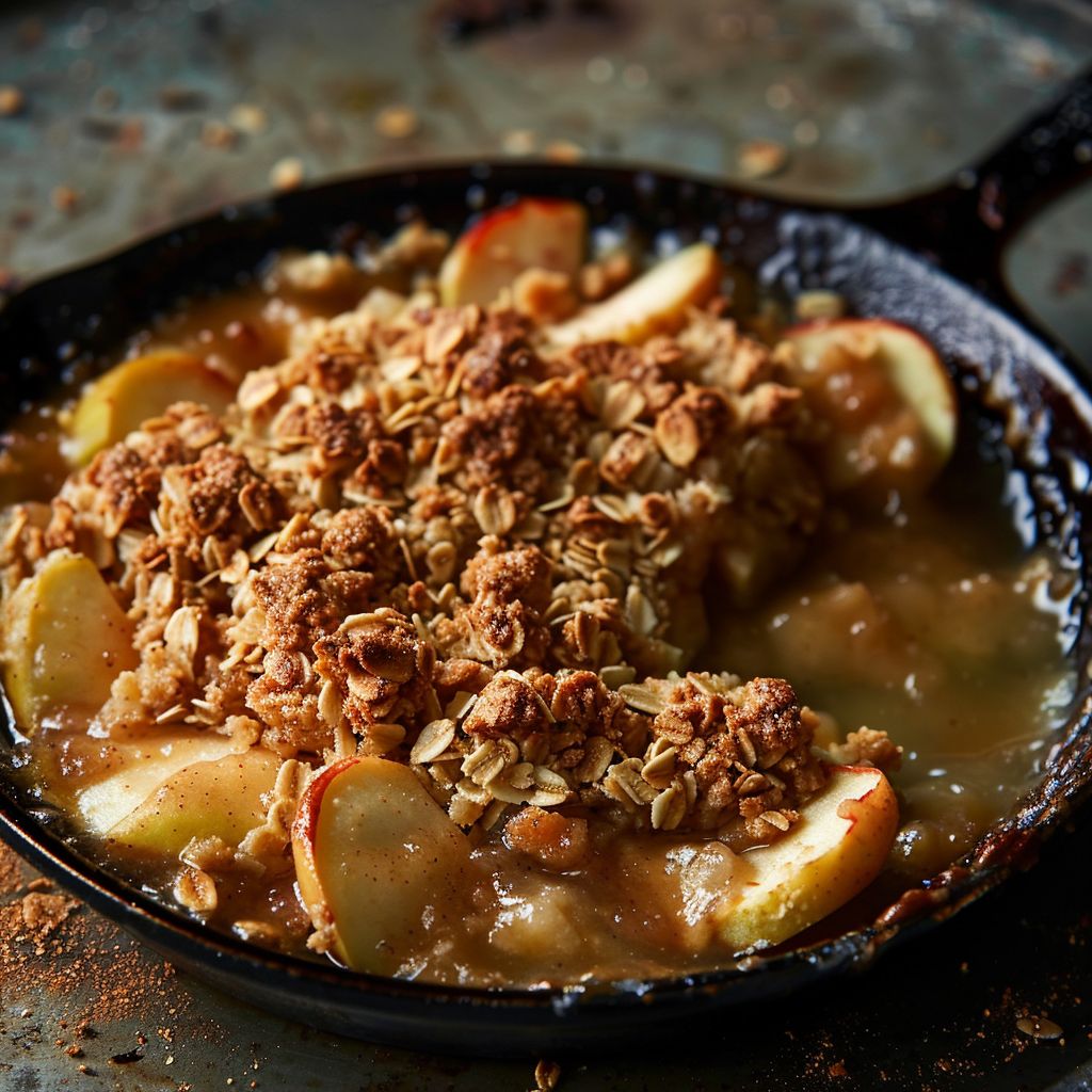 A warm apple crisp dessert topped with golden-brown crumb topping and a scoop of vanilla ice cream.