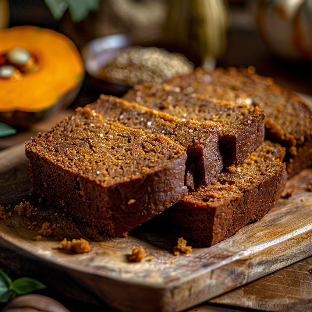 A loaf of rich brown butter pumpkin bread drizzled with a glossy salted maple glaze, surrounded by scattered spices and pumpkin seeds.