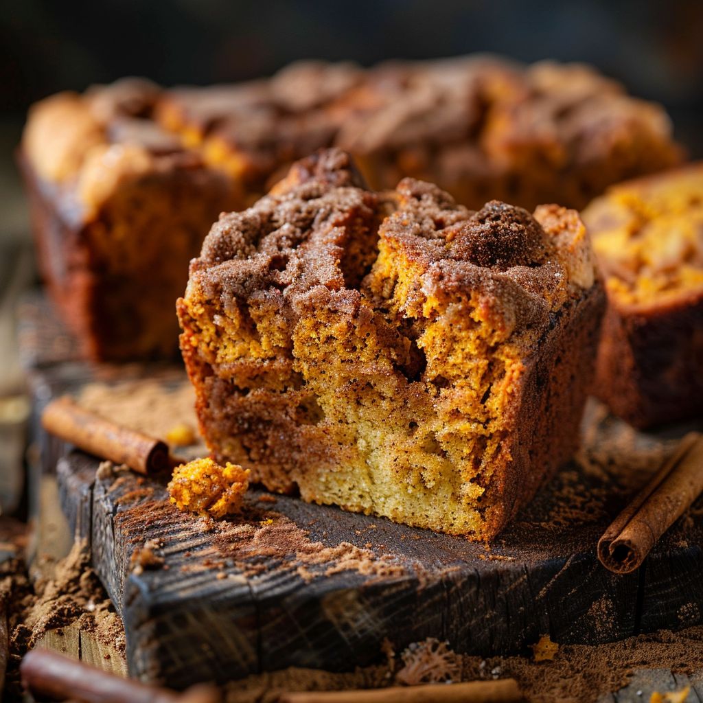 A freshly baked cinnamon pumpkin bread loaf on a wooden cutting board.