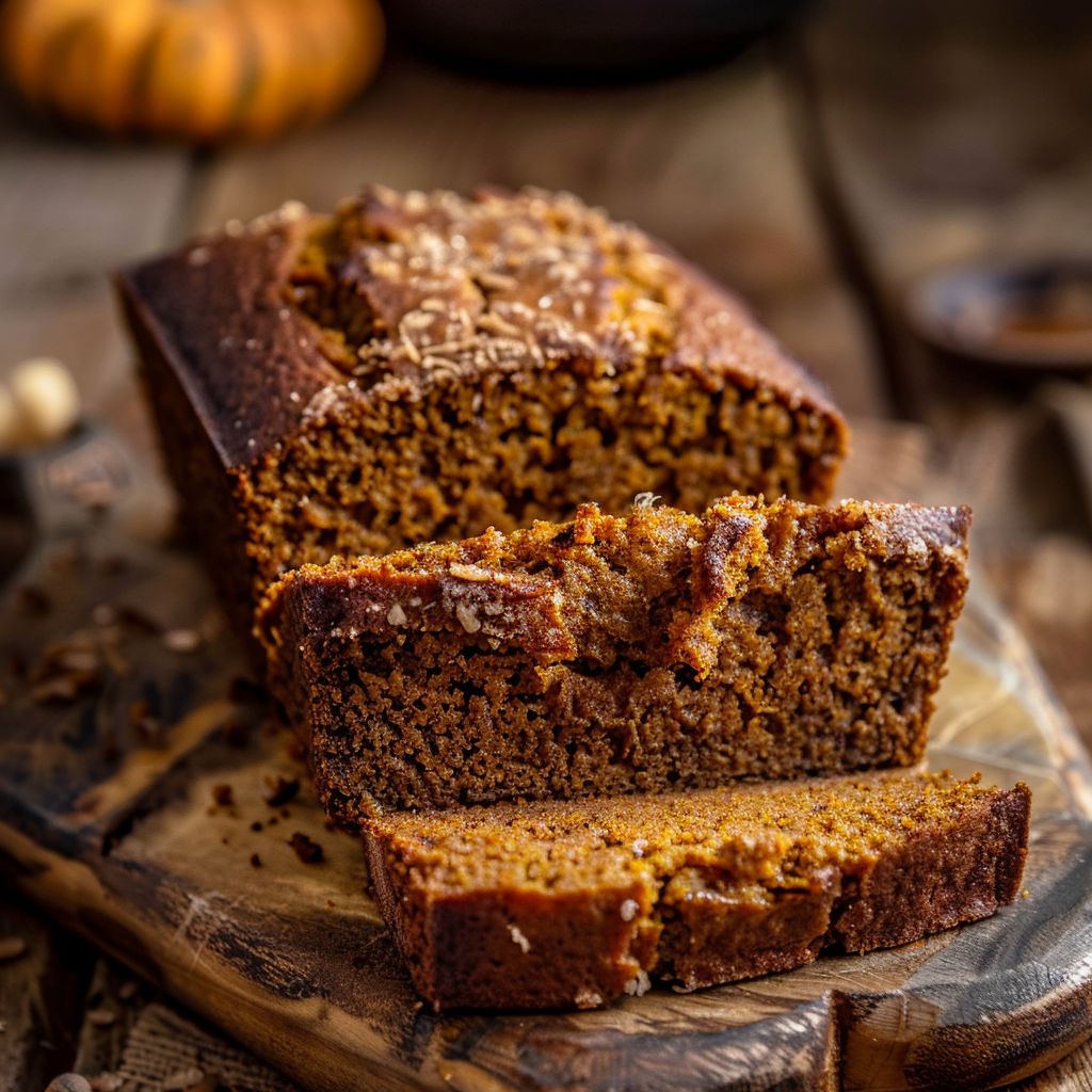Rich brown butter pumpkin bread with a glossy salted maple glaze, displayed on a rustic wooden table.