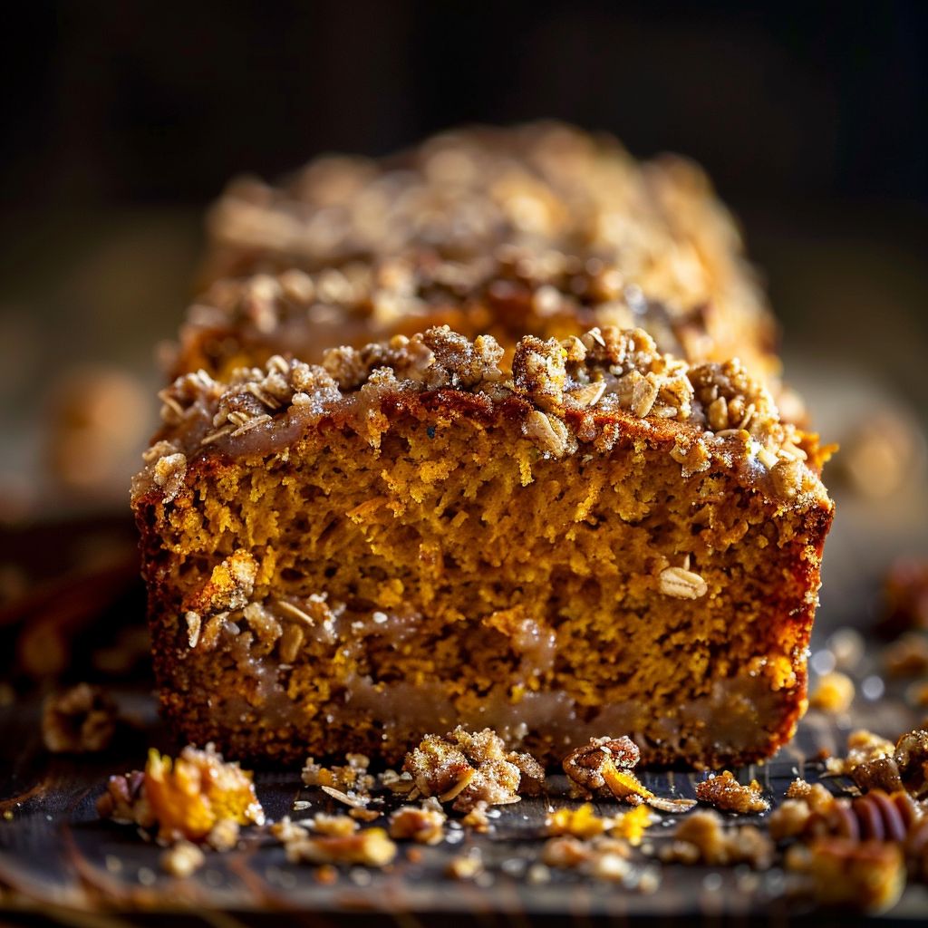 A freshly baked pumpkin bread topped with a golden streusel in natural light.